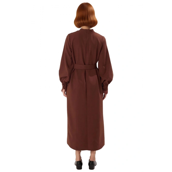 Kadın A Kesim Dik Yaka Balon Kol Kuşak Detaylı Dokuma Maxi Elbise Modern Şık Günlük Stile Uygun