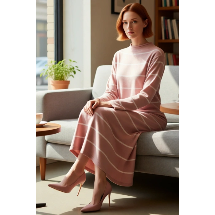 Kadın A Kesim Dik Yaka Çizgili Triko Maxi Elbise Uzun Kollu Günlük Şıklık Sunan Konfor Kaliteli