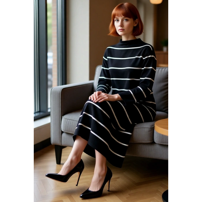 Kadın A Kesim Dik Yaka Çizgili Triko Maxi Elbise Uzun Kollu Günlük Şıklık Sunan Konfor Kaliteli