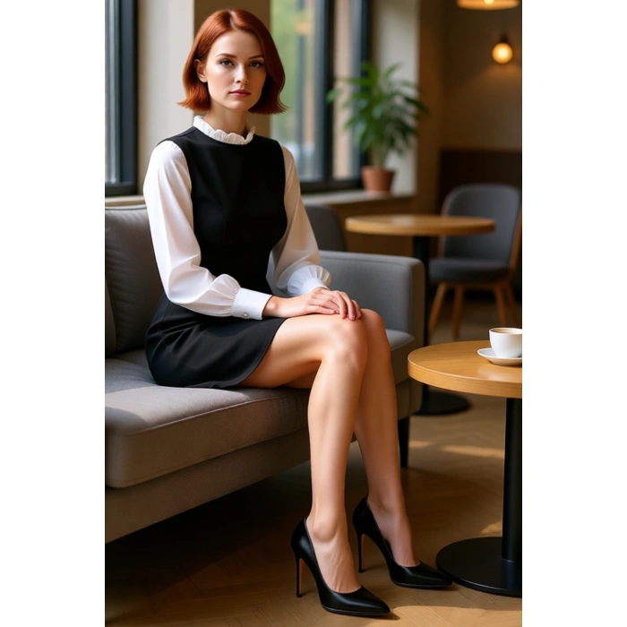 Kadın A Kesim Dokuma Uzun Kollu Gömlek Detaylı Dik Yaka Mini Ofis Elbisesi Şık ve Modern Kışlık