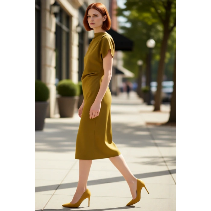 Kadın A Kesim Düşük Kısa Kol Midi Boy Düz Desen Degaje Yaka Büzgülü Dokuma Elbise Modern Şıklık