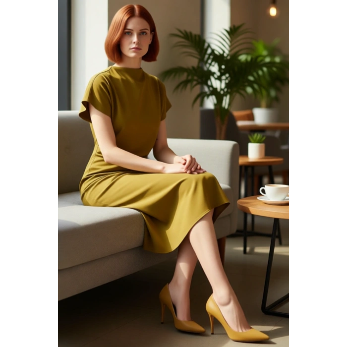 Kadın A Kesim Düşük Kısa Kol Midi Boy Düz Desen Degaje Yaka Büzgülü Dokuma Elbise Modern Şıklık