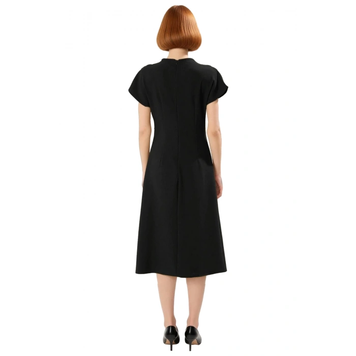 Kadın A Kesim Düşük Kısa Kol Midi Boy Düz Desen Degaje Yaka Büzgülü Dokuma Elbise Modern Şıklık