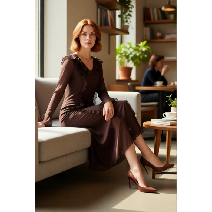 Kadın A Kesim Fırfırlı Maxi Elbise V Yaka Uzun Kollu Astarlı Tül Kumaş Detaylı Günlük Şıklık