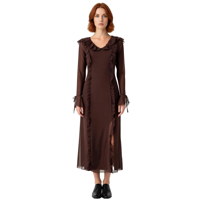 Kadın A Kesim Fırfırlı Maxi Elbise V Yaka Uzun Kollu Astarlı Tül Kumaş Detaylı Günlük Şıklık