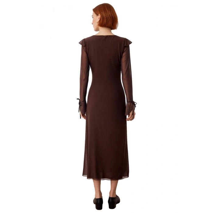 Kadın A Kesim Fırfırlı Maxi Elbise V Yaka Uzun Kollu Astarlı Tül Kumaş Detaylı Günlük Şıklık