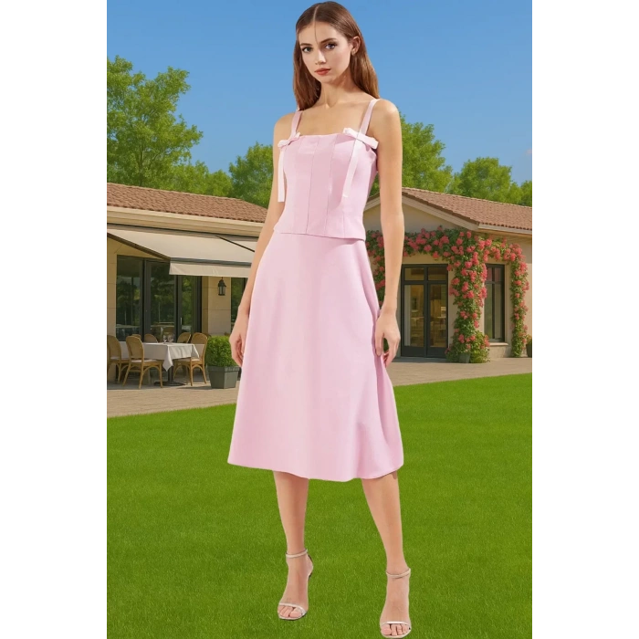 Kadın A Kesim Fiyonk Detaylı Midi Elbise Dokuma Yazlık Mezuniyet Modern Stil Rahat Ve Şık