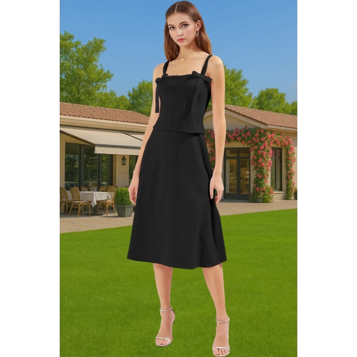 Kadın A Kesim Fiyonk Detaylı Midi Elbise Dokuma Yazlık Mezuniyet Modern Stil Rahat Ve Şık