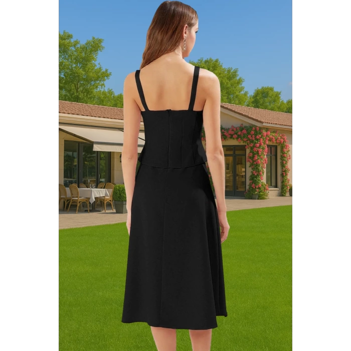 Kadın A Kesim Fiyonk Detaylı Midi Elbise Dokuma Yazlık Mezuniyet Modern Stil Rahat Ve Şık