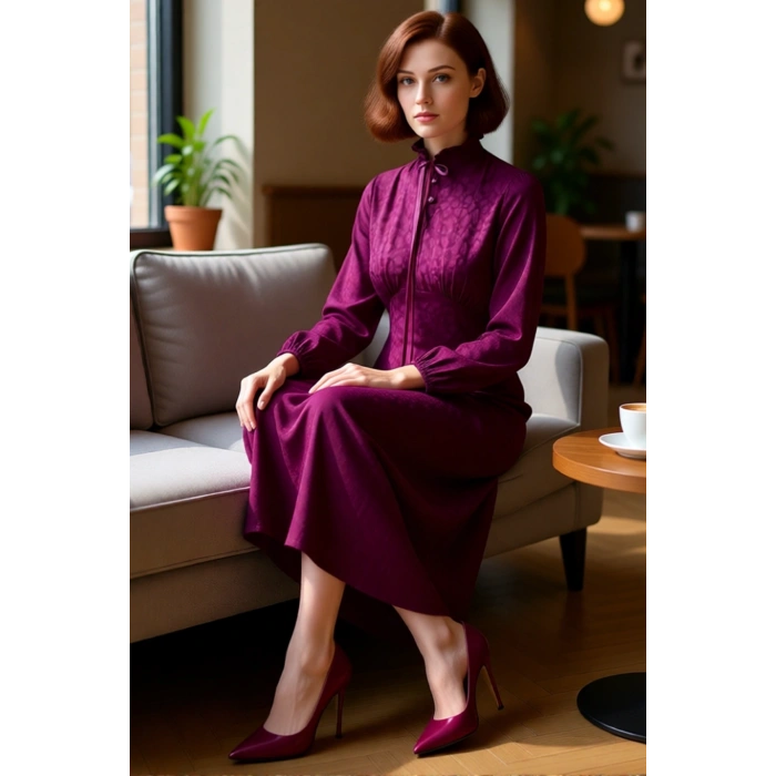 Kadın A Kesim Jakar Dokuma Maxi Elbise Fırfırlı Yüksek Yakasıyla Şık Ve Zarif Bir Görünüm Sunuyor.