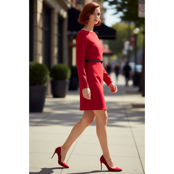 Kadın A Kesim Kayık Yaka Uzun Kollu Kemer Detaylı Dokuma Mini Elbise İlkbahar Sonbahar Ofis Şıklığı