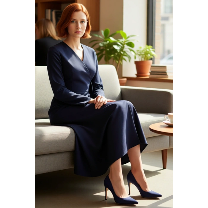 Kadın A Kesim Lacivert Anvelop Elbise Ceket Yaka Uzun Kol Düz Dokuma Kumaş Bağlama Detaylı Şık ve