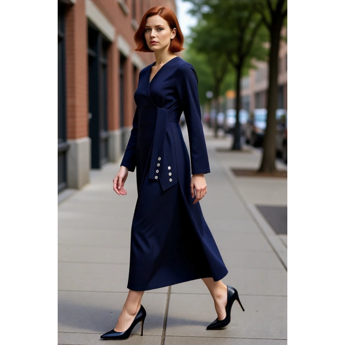 Kadın A Kesim Lacivert Anvelop Elbise Ceket Yaka Uzun Kol Düz Dokuma Kumaş Bağlama Detaylı Şık ve