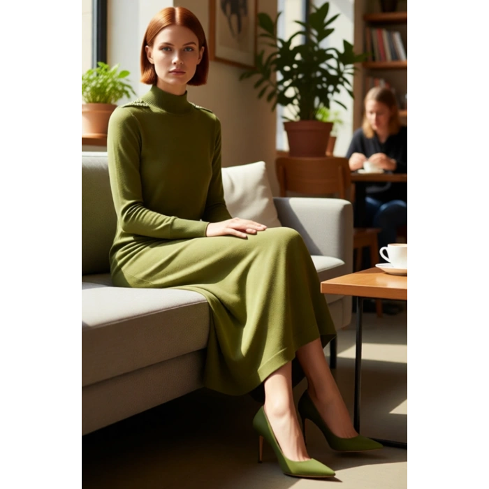 Kadın A Kesim Maxi Boy Dik Yaka İncili Detaylı Standart Kol Tesettür Triko Elbise Kış İçin Şık Ve