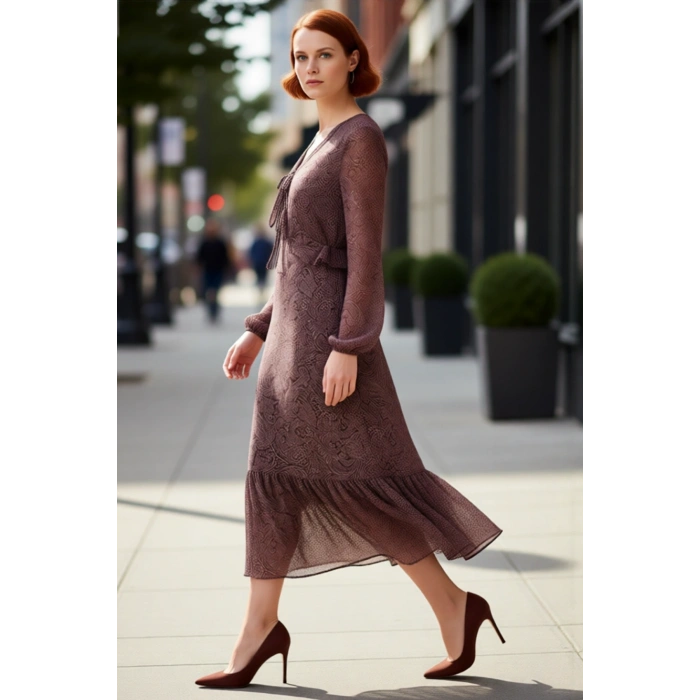 Kadın A Kesim Maxi Boy Şal Desenli V Yaka Balon Kol Şifon Dokuma Rahat Elbise Modeli Kaliteli