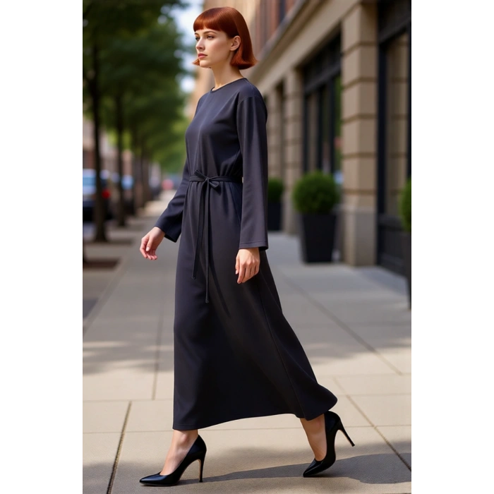 Kadın A Kesim Maxi Uzun Kollu İnterlok Örme Kemerli Düz Elbise İlkbahar Sonbahar İçin Şık Ve Rahat