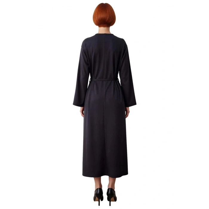 Kadın A Kesim Maxi Uzun Kollu İnterlok Örme Kemerli Düz Elbise İlkbahar Sonbahar İçin Şık Ve Rahat