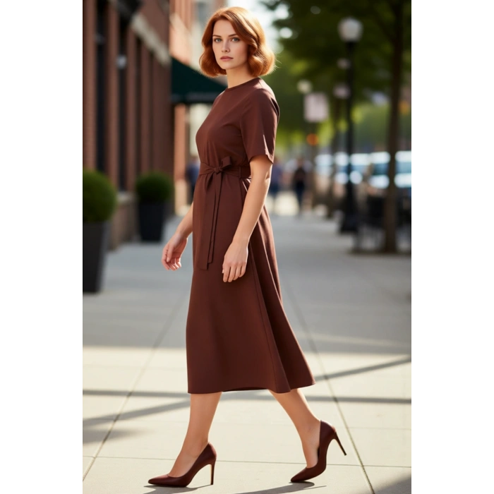 Kadın A Kesim Midi Boy Düz Desen Polyester Bisiklet Yaka Kısa Kol Dokuma Elbise Günlük Şıklık