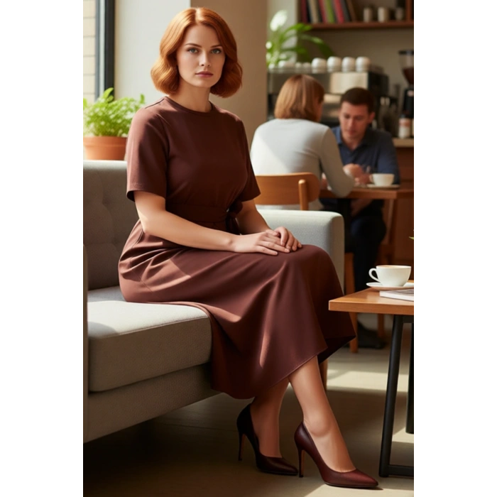 Kadın A Kesim Midi Boy Düz Desen Polyester Bisiklet Yaka Kısa Kol Dokuma Elbise Günlük Şıklık