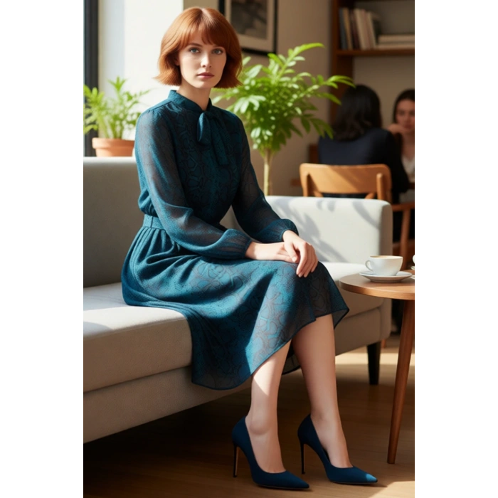 Kadın A Kesim Midi Boy Şifon Balon Kol Kuşaklı Fular Yaka Hayvan Desenli Elbise Günlük Şıklık