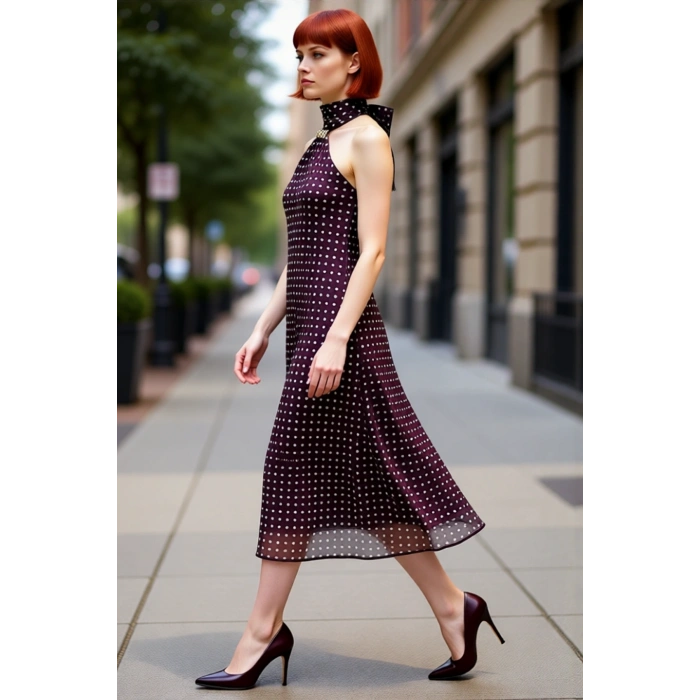 Kadın A Kesim Puantiyeli Fular Yaka Aksesuar Detaylı Şifon Midi Elbise Yaz İlkbahar Şıklığı