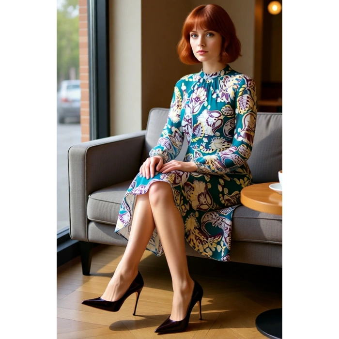 Kadın A Kesim Reglan Kol Midi Boy Şal Desenli Astarlı Şifon Dokuma Dik Yaka Zarif Elbise Kaliteli