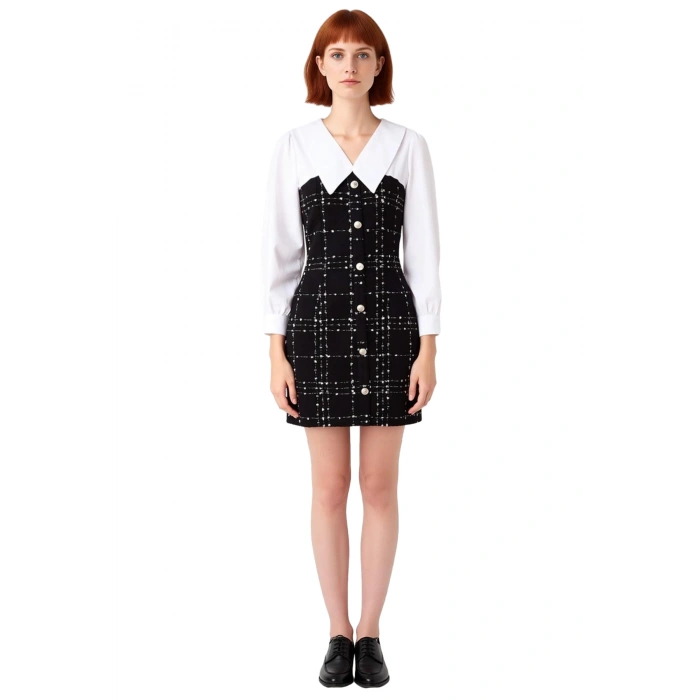 Kadın A Kesim Tüvit Kareli Gömlek Yaka Uzun Balon Kollu Düğmeli Mini Elbise Kış Modasına Şık