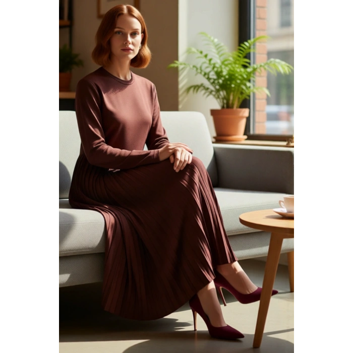 Kadın A Kesim Uzun Kol Bisiklet Yaka Fermuarlı Piliseli Maxi Örme Elbise Kış Kombinleri İçin