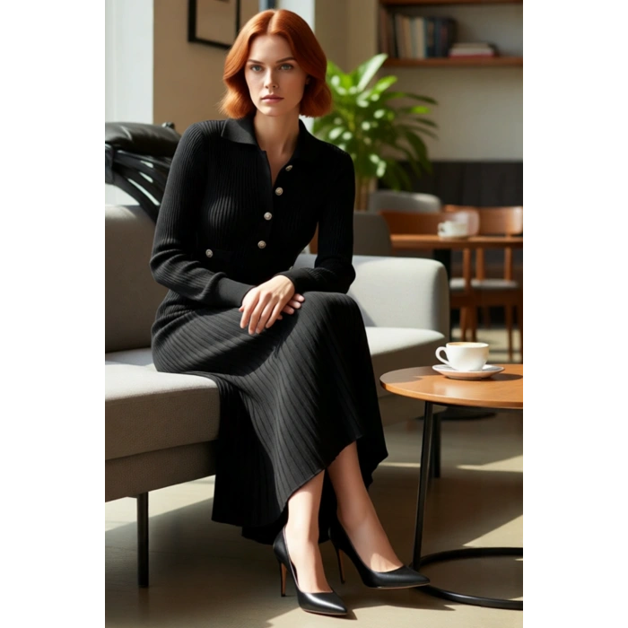 Kadın A Line %100 Akrilik Ribana Triko Maxi Elbise Polo Yaka ve Metal Düğmeli Tesettür Kışlık Giyim