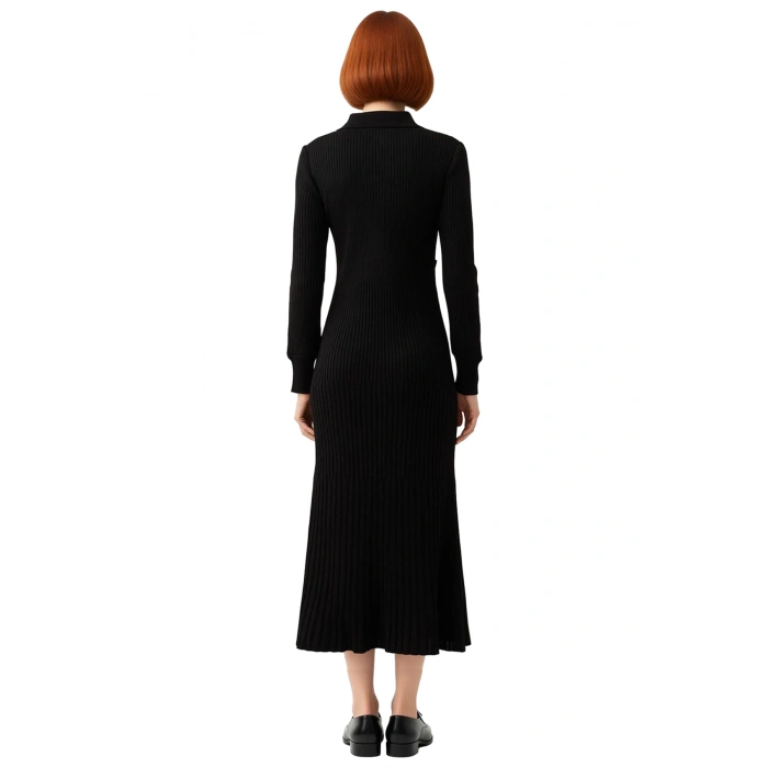 Kadın A Line %100 Akrilik Ribana Triko Maxi Elbise Polo Yaka ve Metal Düğmeli Tesettür Kışlık Giyim