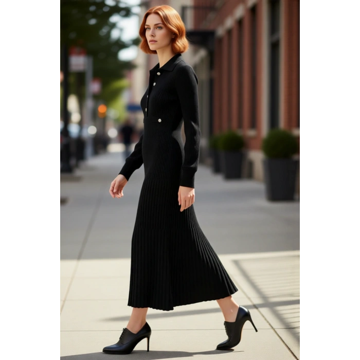 Kadın A Line %100 Akrilik Ribana Triko Maxi Elbise Polo Yaka ve Metal Düğmeli Tesettür Kışlık Giyim