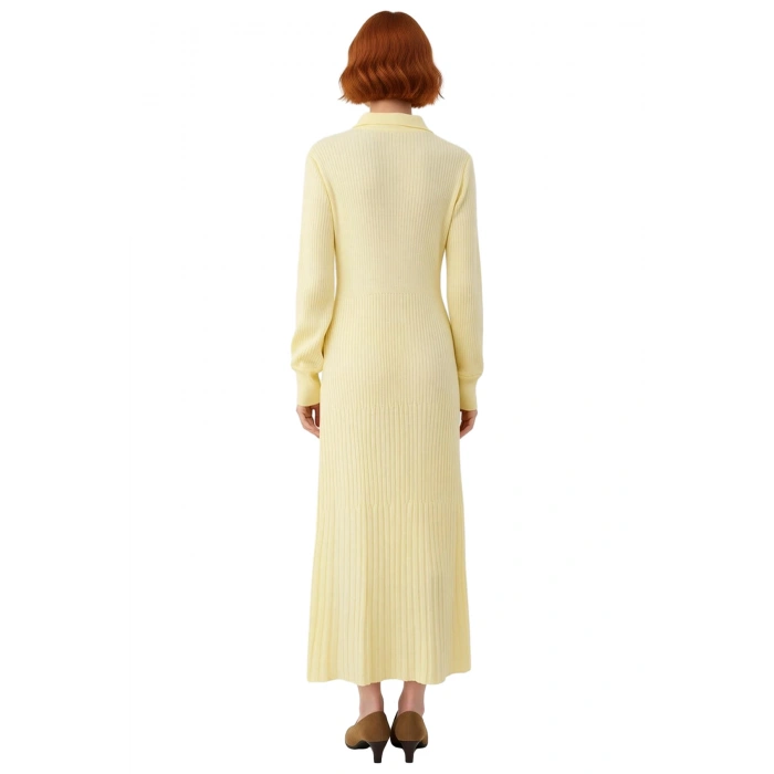 Kadın A Line %100 Akrilik Ribana Triko Maxi Elbise Polo Yaka ve Metal Düğmeli Tesettür Kışlık Giyim