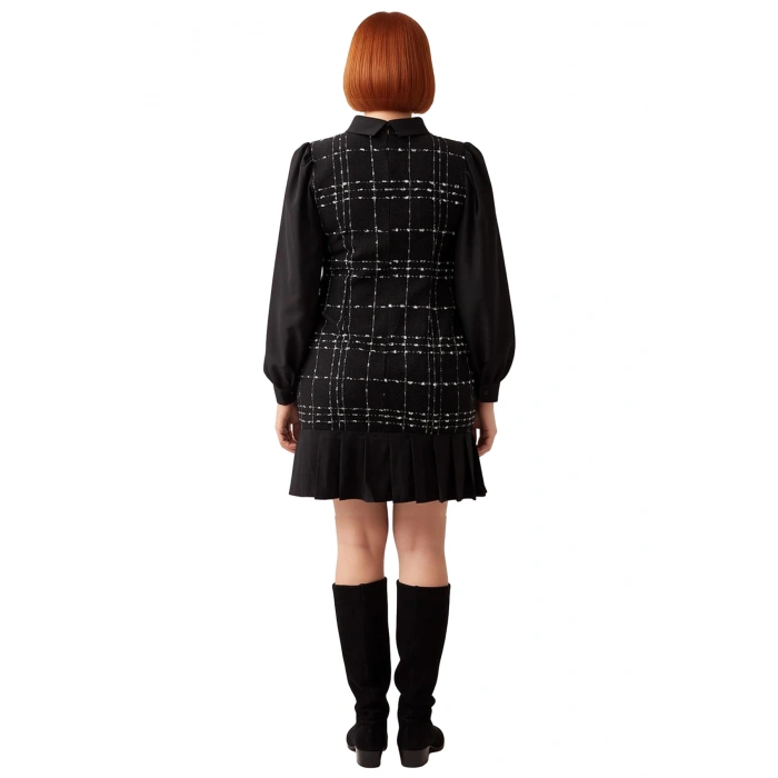 Kadın A line Balon Kol Ekose Tüvit Elbise Gömlek Yaka Kısa Boy Kış Koleksiyonu Şık Tasarım