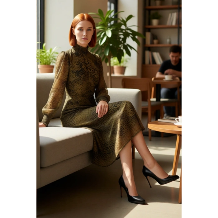 Kadın A Line Balon Kol Gipeli Midi Elbise Dik Yaka Şifon Animal Desenli Şık Ve Zarif Bir Seçim