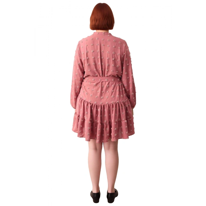 Kadın A line Bordo Dokulu Kuşaklı V Yaka Mini Elbise İlkbahar Sonbahar İçin Şık Büyük Beden Seçenek.