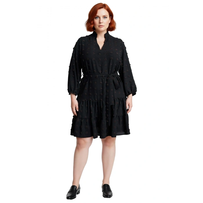 Kadın A line Bordo Dokulu Kuşaklı V Yaka Mini Elbise İlkbahar Sonbahar İçin Şık Büyük Beden Seçenek.