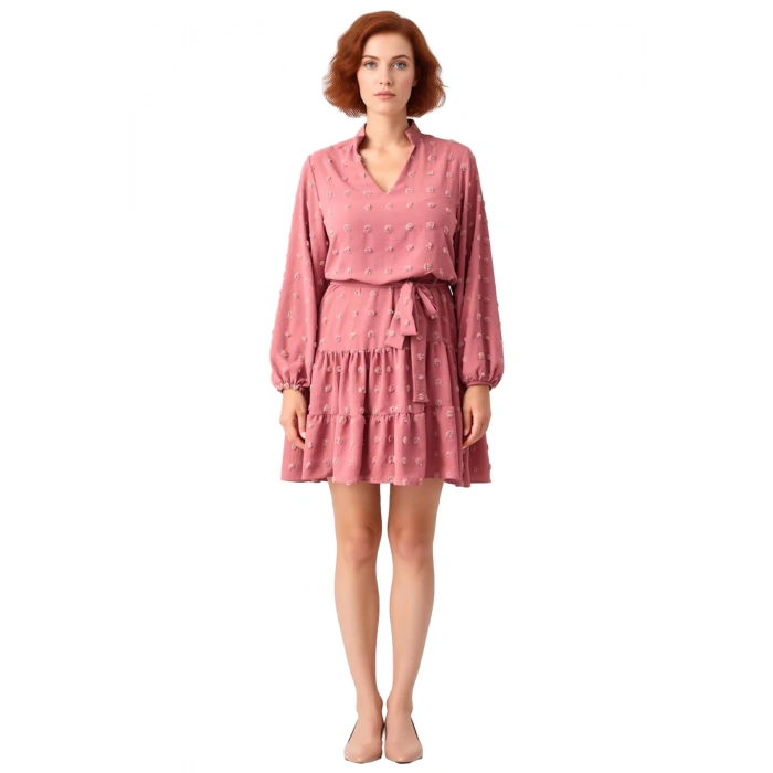 Kadın A line Bordo Dokulu Kuşaklı V Yaka Mini Elbise İlkbahar Sonbahar İçin Şık Büyük Beden Seçenek.