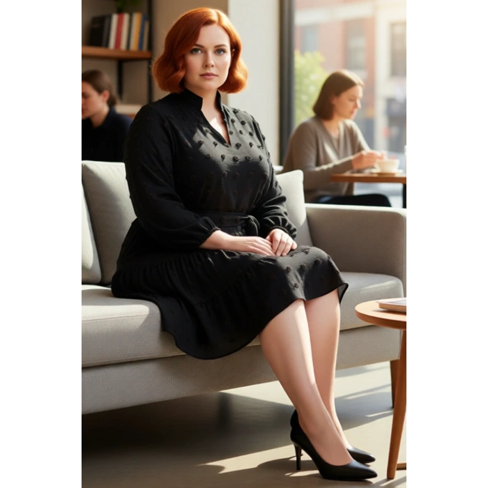 Kadın A line Bordo Dokulu Kuşaklı V Yaka Mini Elbise İlkbahar Sonbahar İçin Şık Büyük Beden Seçenek.