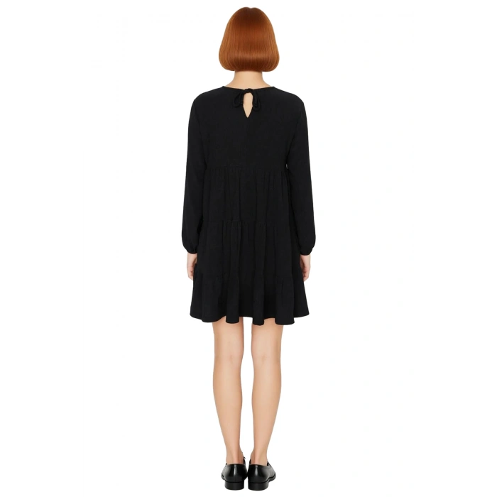 Kadın A Line Bürümcük Dokulu Balon Kol Uzun Kollu Bisiklet Yaka Mini Örme Elbise Kışlık Şık Tasarım