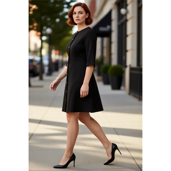 Kadın A Line Dokuma Elbise Truvakar Kol Bisiklet Yaka Zarif Ofis ve İş Hayatı Şıklığı Sunar