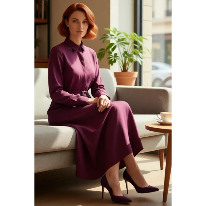 Kadın A Line Gömlek Yaka Maxi Boy Astarsız Keten Görünümlü Düz Tesettür Dokuma Elbise Kaliteli