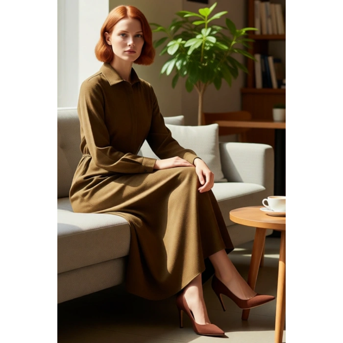 Kadın A Line Gömlek Yaka Maxi Boy Astarsız Keten Görünümlü Düz Tesettür Dokuma Elbise Kaliteli