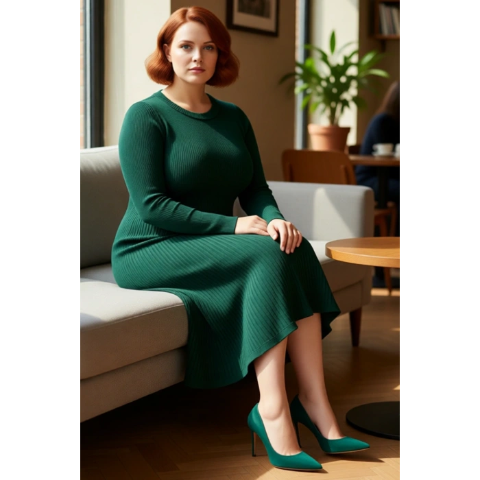 Kadın A line Kalıp Fitilli Triko Elbise Midi Boy Uzun Kollu Bisiklet Yaka Düz Desenli Şıklık