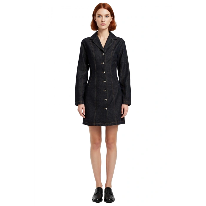 Kadın A line Kalıp Uzun Kollu Gömlek Yaka Mini Denim Elbise 100 Pamuklu Günlük Şıklık Kaliteli