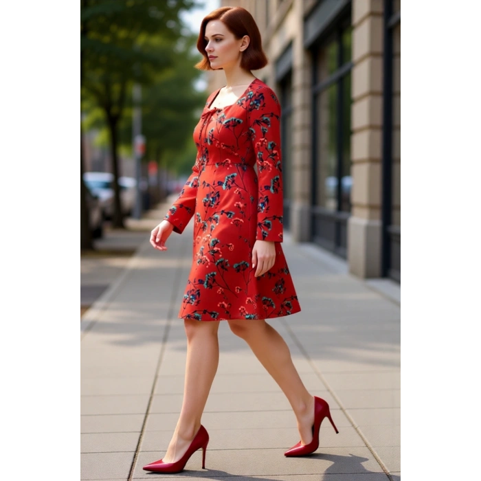 Kadın A Line Kalp Yaka Çiçekli Desenli Uzun Kollu Kısa Büyük Beden Dokuma Elbise İlkbahar Sonbahar