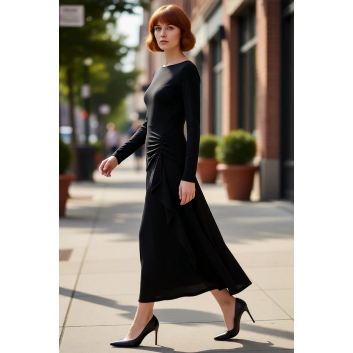 Kadın A Line Kayık Yaka Maxi Elbise Uzun Kollu Büzgü Detaylı Kış Sezonu İçin Şık Ve Zarif Bir