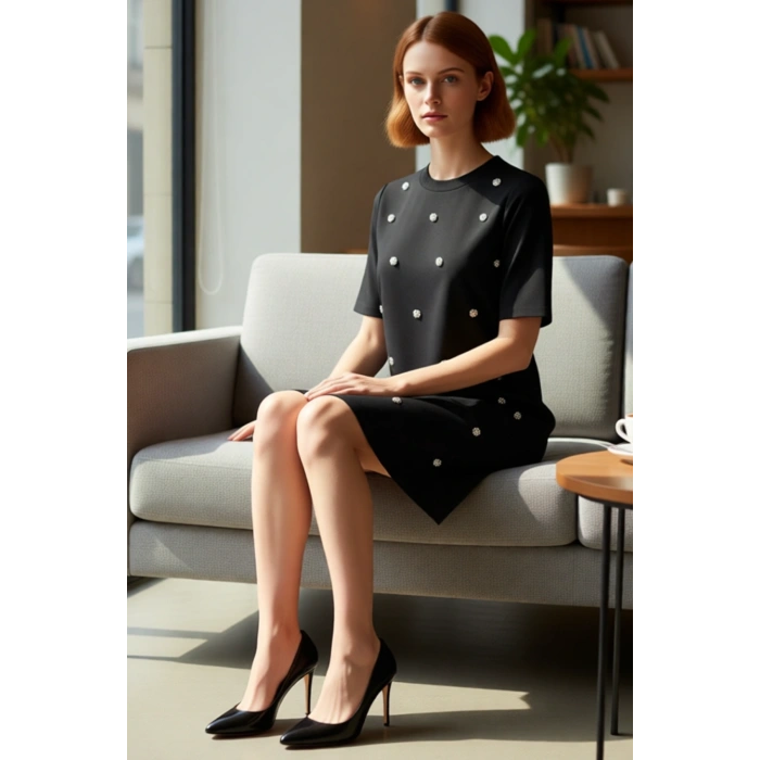 Kadın A Line Kesim Aksesuar Detaylı Kısa Kol Elbise Günlük Şık Bisiklet Yaka Modern Tasarım