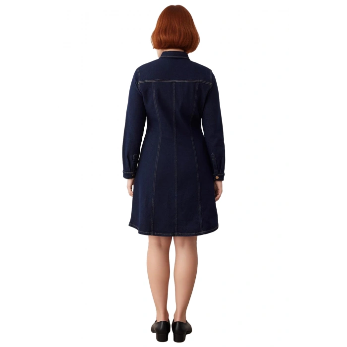 Kadın A Line Kesim Denim Gömlek Yaka Uzun Kollu Elbise Modern Şık Büyük Beden Günlük Kombinler İçin