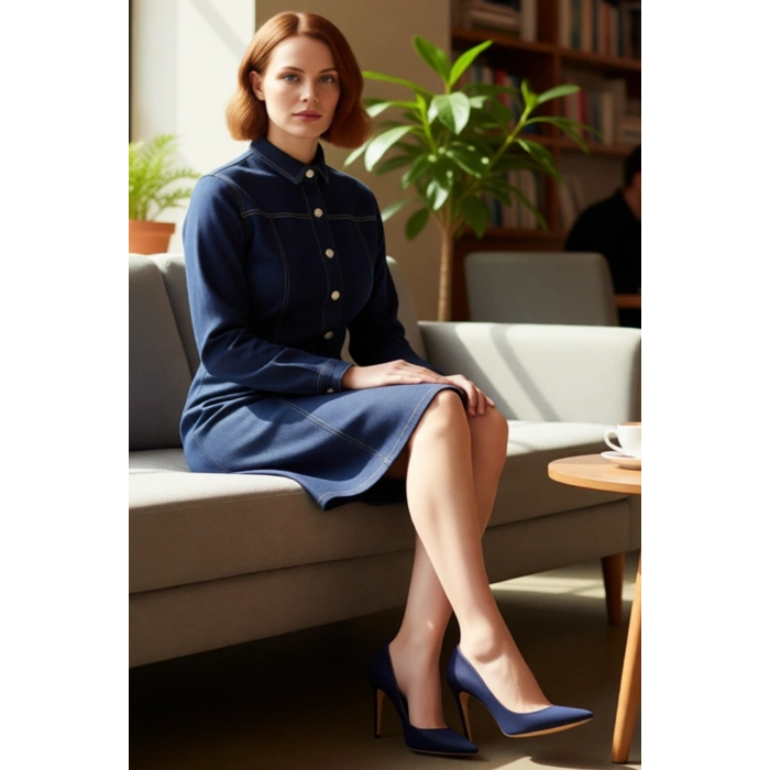 Kadın A Line Kesim Denim Gömlek Yaka Uzun Kollu Elbise Modern Şık Büyük Beden Günlük Kombinler İçin