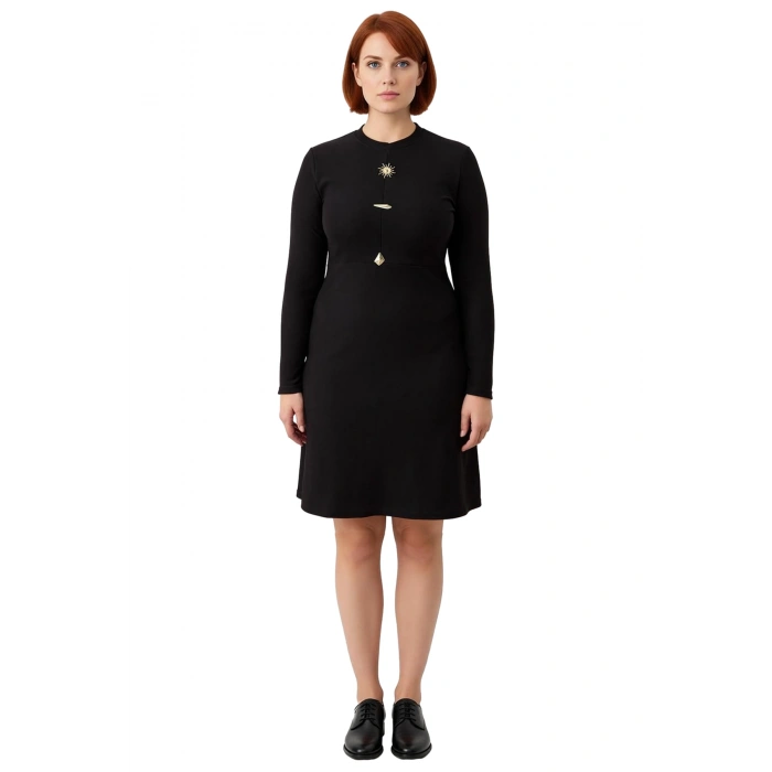 Kadın A Line Kesim Kaşkorse Örme Kumaş Uzun Kollu Mini Elbise Kış Kombinlerine Zarafet Katar